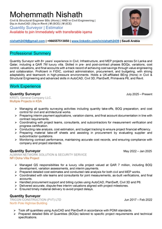 Jubail, Job Seekers, Quantity Surveyor