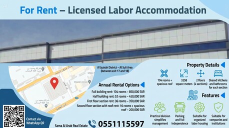 Riyadh, Staff Accomodation, SAR 200000,  3258 Sq. Meter,  For Rent &ndash; Licensed Labor Accommodation - للإيجار  &ndash; سكن عمال مرخّص