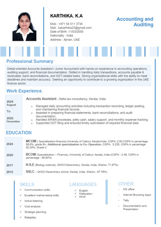 Ajman, Job Seekers, Finance Assistant / Accounts Clerk