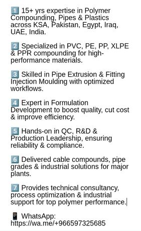 Azizia, Job Seekers, > Polymer/Process/Production/R & D Expert Transferable Iqama Immediate Available For Join