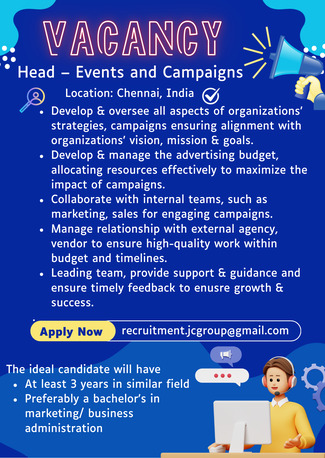 Chennai, Jobs, Head &ndash; Events And Campaigns