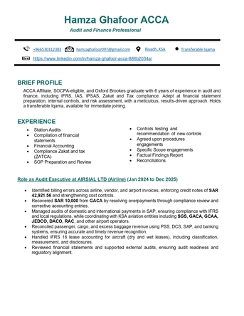 Riyadh, Job Seekers, Senior Accountant | Financial Analyst | Chief Accountant | Auditor | Transferable Iqama