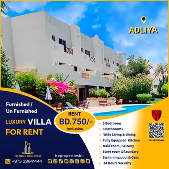 Adliya, Villas, BHD 750,  Furnished,  300 Sq. Meter,  Furnished 3 BHK Luxury Villa For Rent In Adliya BD.750/- Inclusive