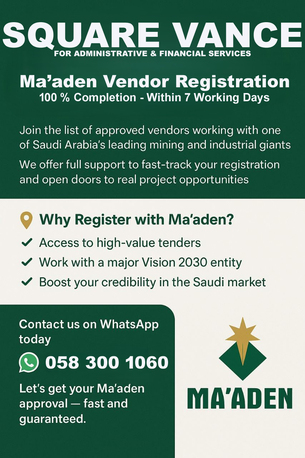 Jubail, Construction, Ma&rsquo;aden Vendor Registration Services 100% Completion &mdash; Within 7 Working Days