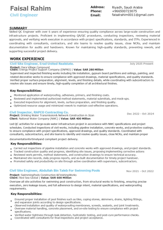 Riyadh, Job Seekers, Civil Site Engineer | QC Civil Engineer | 6 Years Experience | PEC Registered