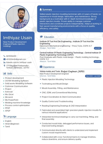 Chennai, Job Seekers, New Product Development & Production Engineer In Plastic Molding