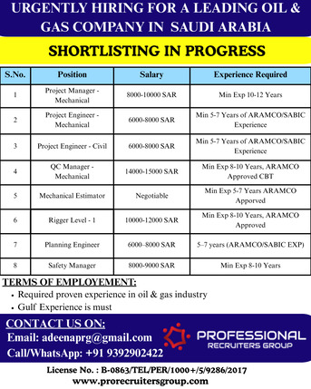 Hyderabad, Jobs, URGENTLY HIRING FOR SAUDI ARABIA