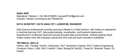 Islamabad, Job Seekers, Data Scientist / Data Analyst Seeking Saudi Job With Work Visa