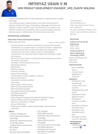 Chennai, Job Seekers, New Product Development & Production Engineer  Plastic Injection Molding Technology