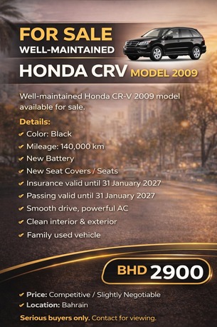 Segaya, Vehicles, Cars & Trucks , BHD 1,  HONDA CRV BLACK,  2009,  Automatic,  140000 KM,  OR SALE &ndash; HONDA CR-V  (Black)
