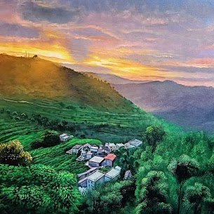 Noida, Household Items, Hand-Painted Hillside Landscape Canvas Painting