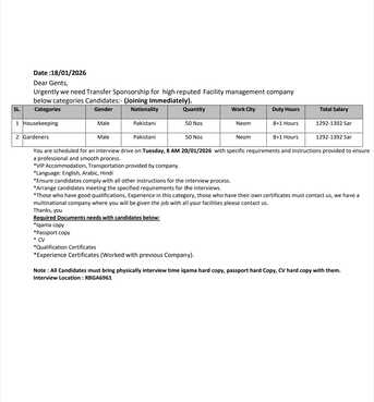 Jeddah, Jobs, Housekeeping Cleaner And Gardener