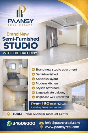 Tubli, Apartments/Houses, BHD 160/month,  1 BR,  Brand New Semi-furnished Studio Apartment Available For Rent In Tubli.
