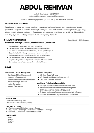 Al-Madinah, Job Seekers, Warehouse Incharge | Inventory Controller | Online Order Fulfillment