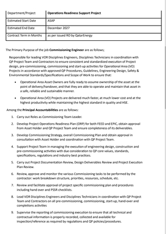 Doha, Jobs, Senior Commissioning Engineer For Qatar