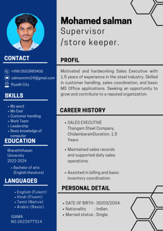 Riyadh, Job Seekers, Store Sales Person/store Keeper/warehouse Incharge.