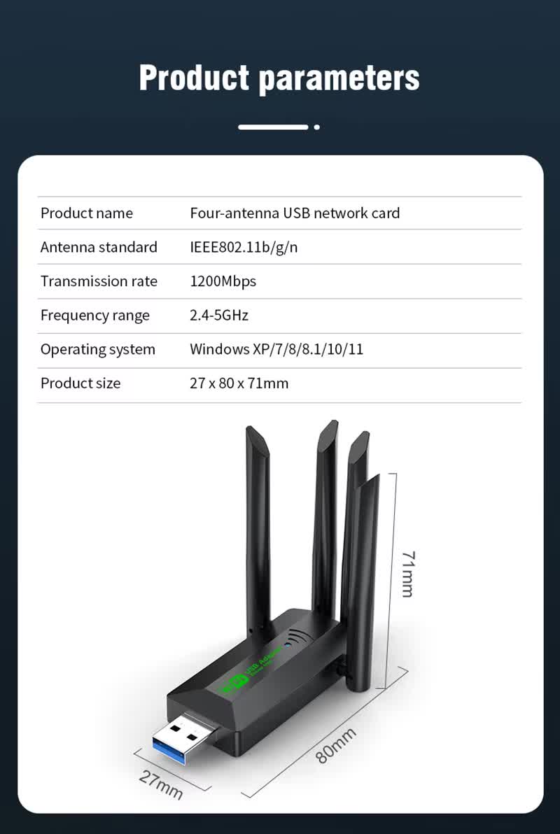 Manama, Electronics, BHD 7,  1200Mbps WiFi USB Adapter Dual Band 2.4G+5Ghz Wi-Fi Dongle 4 Antenna 802.11AC