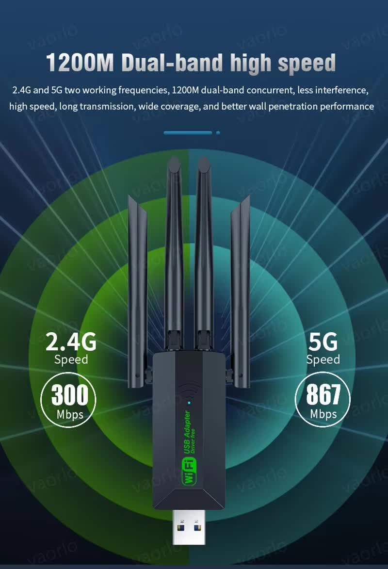 Manama, Electronics, BHD 7,  1200Mbps WiFi USB Adapter Dual Band 2.4G+5Ghz Wi-Fi Dongle 4 Antenna 802.11AC