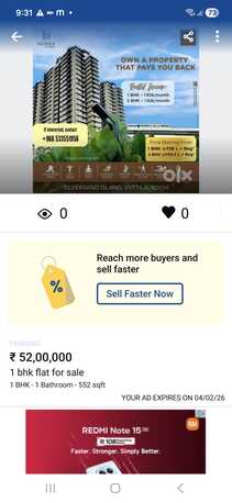 Kerala, Apartments/Houses, INR 52/month,  1 BR,  552 Sq. Feet,  New Flat Sale In Kochi