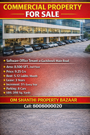 Hyderabad, Offices, INR 92500000,  8500 Sq. Feet,  SALE OF COMMERICAL PROPERTY WITH SOFTWARE OFFICE AT GACHIBOWL MAIN ROAD
