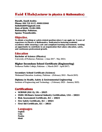 Riyadh, Job Seekers, Physics/Mathematics Lecturer (science)