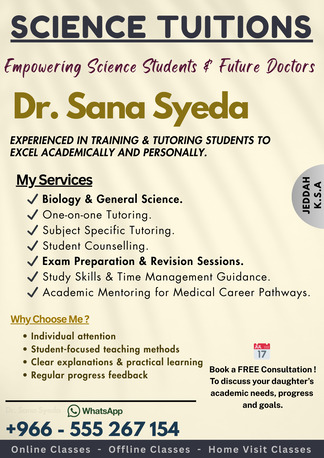 Jeddah, Lessons Offered, SCIENCE TUITIONS (Grade 7+ Girls) - Dr. Sana Syeda