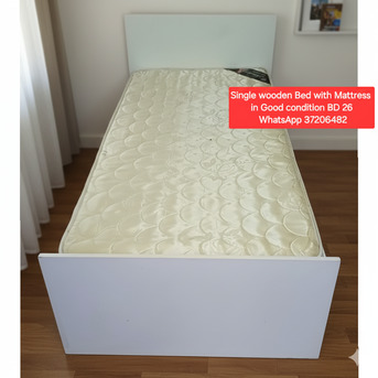 Manama, Furniture, BHD 26,  ✅️ Single Wooden Bed With Mattress For Sale In Good Condition With Delivery