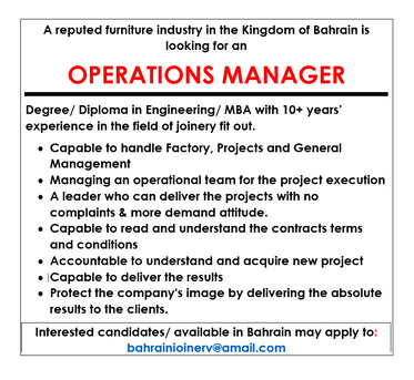 Salmabad, Jobs, OPERATIONS MANAGER- JOINERY EXPERIENCE