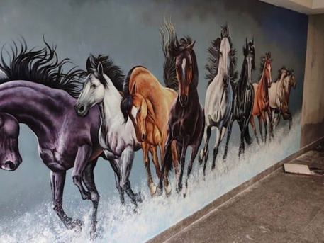 Noida, Household Items, Hand-Painted Running Horses Wall Mural Art