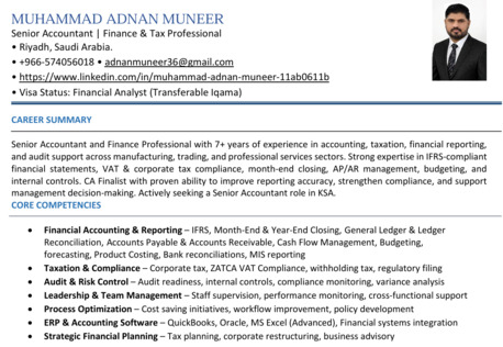 Riyadh, Job Seekers, Accountant|Senior Accountant|CA Finalist|10 Years Of Experience|SOCPA Eligible