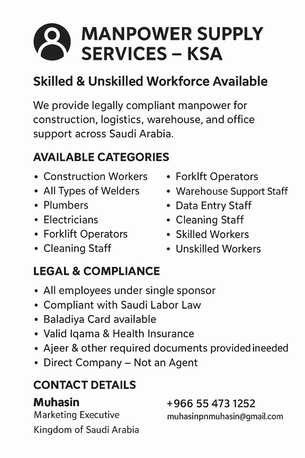Riyadh, Manpower, Legally Sponsored Skilled & Unskilled Workforce Available