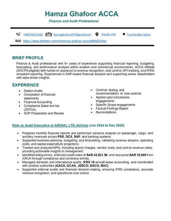 Riyadh, Job Seekers, Senior Accountant | Financial Analyst | Chief Accountant | Auditor | Transferable Iqama