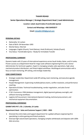 Jubail, Job Seekers, Senior Operations Manager | Dept. Head | 12 Yrs Exp | Transferable Iqama | Immediate Start