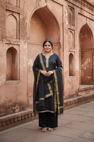Mumbai, Clothing & Accessories, INR 1899,  Plus Size Black & Gold Festive Benarasi Kurta Set With Chanderi Dupatt