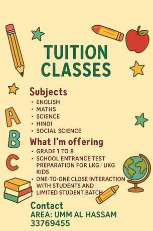 Manama, Lessons Offered, Tuitions For CBSE Grade 1-8