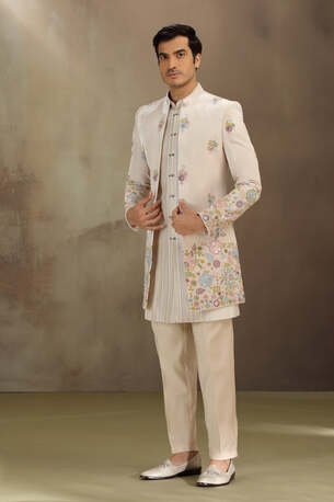 Ahmedabad, Clothing & Accessories, INR 14399,  Cream Silk Indo Western With Resham & Sequins Work