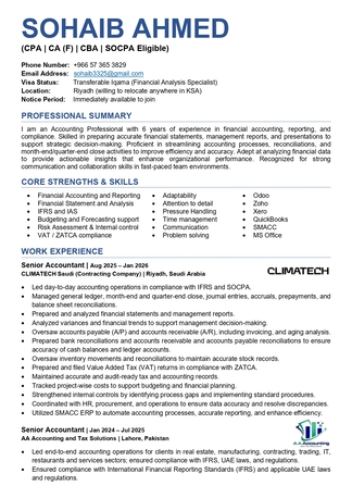 Riyadh, Job Seekers, Senior Accountant / Accountant | CPA & CA (F) | SOCPA Eligible | Immediately Available