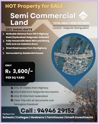 Nalgonda, Commercial Plots, INR 12900000,  4200 Sq. Yard,  (Semi Commercial Land - Second Bit From Highway (6 Lane 100 Ft Road Nalgonda)