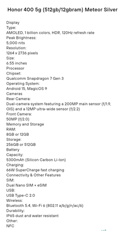 Manama, Mobile Phones, BD 160,  New Phone Honor 400 5g 512gb/12gb Ram