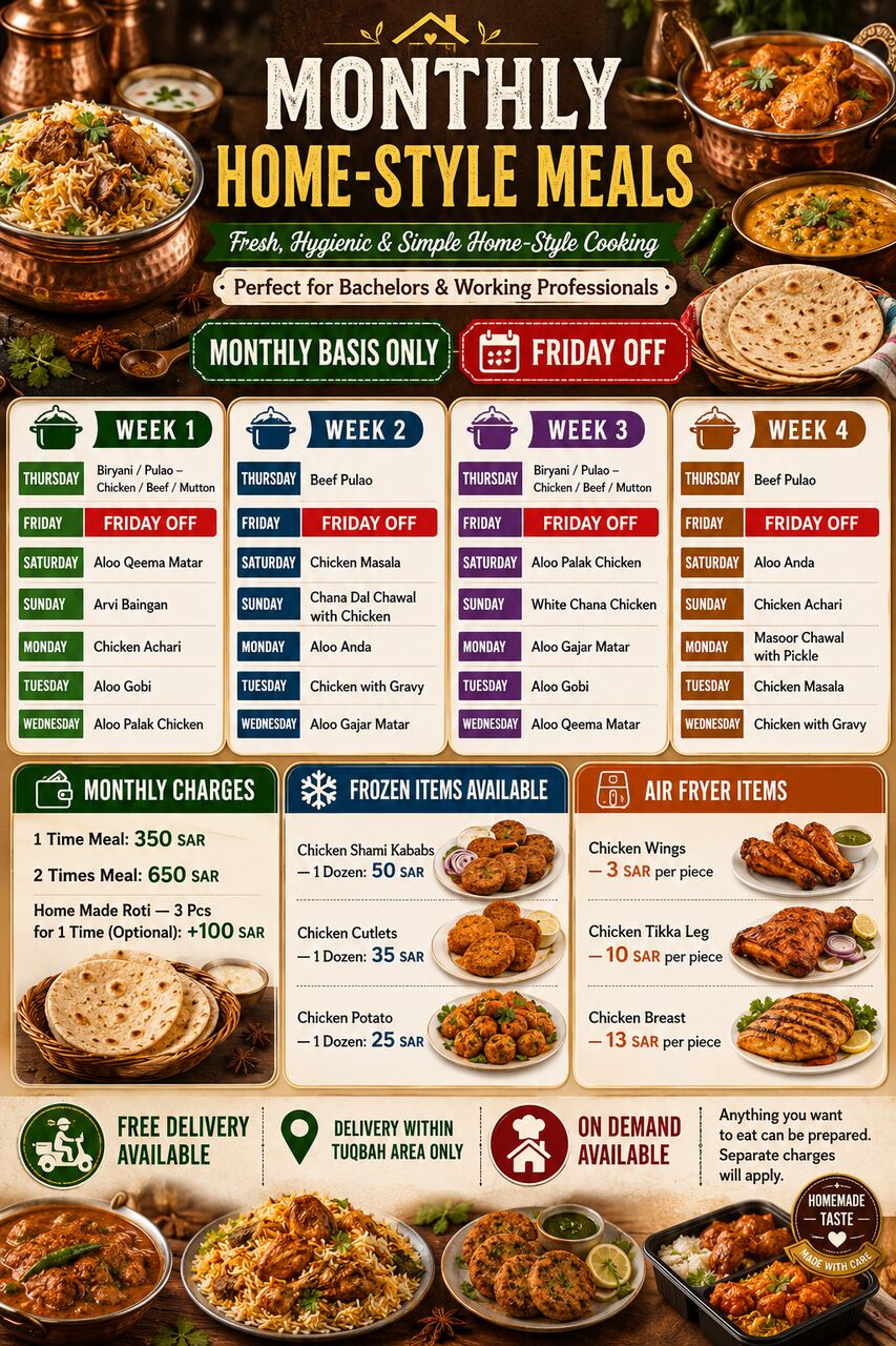 Khobar, Food & Drink, MONTHLY HOME-STYLE MEAL SERVICE