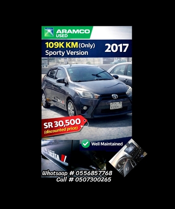 Dammam, Vehicles, Cars & Trucks , SAR 29999,  YARIS SPORT VERSION 110K KM - Aramco Used,  2017,  Automatic,  110000 KM,  YARIS Sporty Aramco Used 110k KM (ONLY)