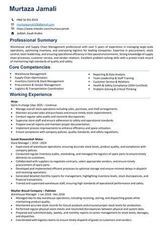 Jeddah, Job Seekers, Warehouse Manager/Supervisor / Receiver/ Logistics/