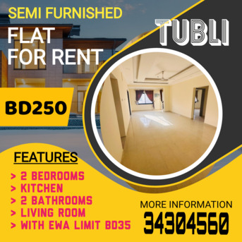 Tubli, Apartments/Houses, BHD 250/month,  2 BR,  Semi Furnished Flat For Rent -2bedroom , 2bathroom , Hall , Kitchen With Ewa Limit Bd 35
