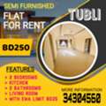 BHD 250/month,  2 BR,  Semi Furnished Flat For Rent -2bedroom , 2bathroom , Hall , Kitchen With Ewa Limit Bd 35