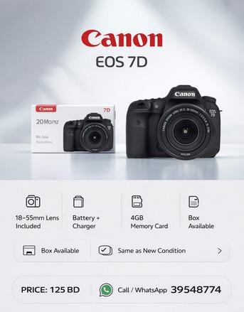 Manama, Computers, BHD 125,  Canon EOS 7D DSLR Camera &ndash; Like New