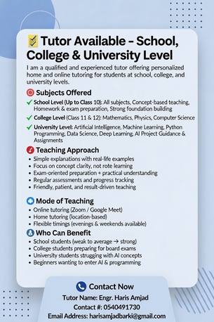 Dammam, Lessons Offered, Experienced Tutor | School To University Level