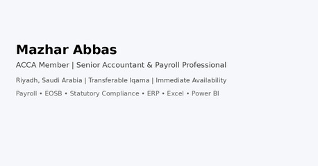 Jubail, Job Seekers, Senior Accountant / Payroll Specialist | ACCA Member | Transferable Iqama
