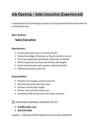 Khobar, Jobs, Job Opening &ndash; Sales Executive (Experienced)
