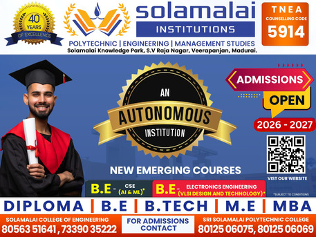 Chennai, Lessons Offered, Admission Open For 2026-27 At Solamalaicollegeofengineering