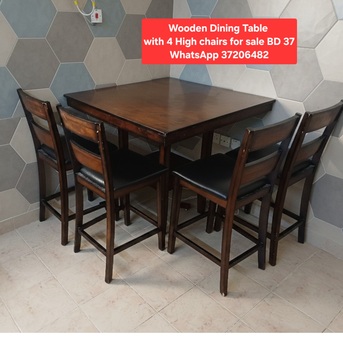 Manama, Furniture, BHD 37,  ✅️ Wooden Dining Table With 4 High Chairs For Sale In Good Condition With Delivery